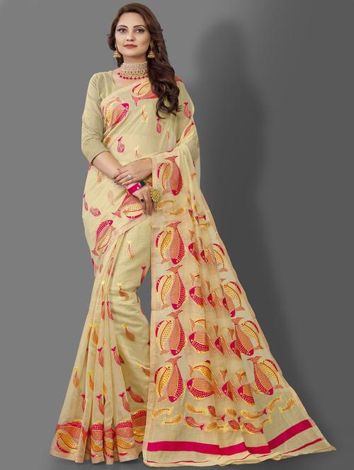 cream cotton jamdani saree with blouse - 19900296 - Very Small Image - 1