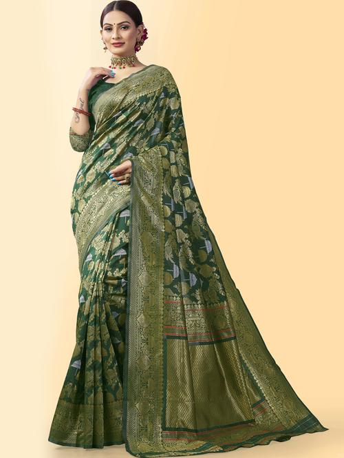 dark green silk blend kanjivaram saree with blouse - 19900297 - Very Small Image - 1