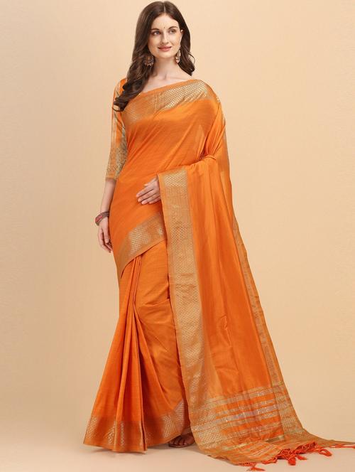 orange cotton silk banarasi saree with blouse - 19903058 - Very Small Image - 1