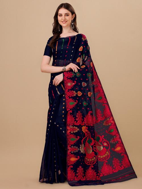 dark blue cotton blend jamdani saree - 19903106 - Very Small Image - 1