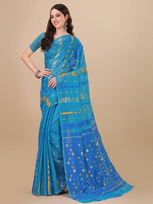 light blue cotton blend jamdani saree - 19903113 - Very Small Image - 1