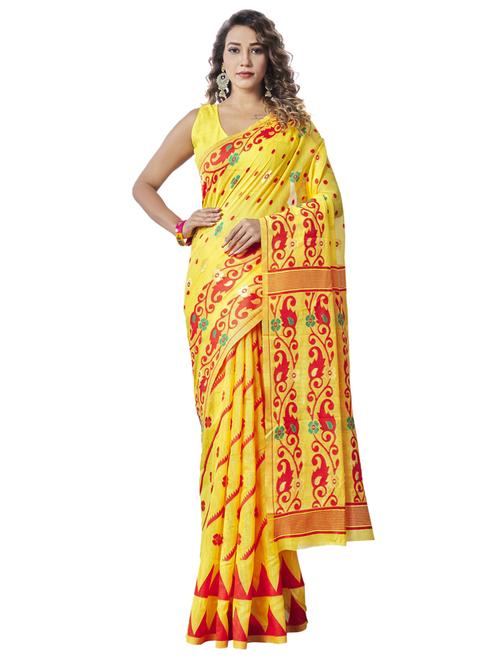 yellow linen jamdani saree with blouse - 19903121 - Very Small Image - 1