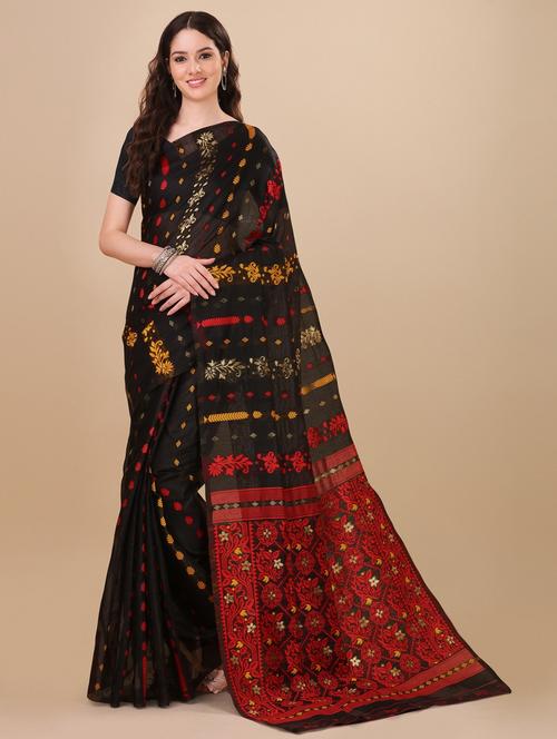 black cotton blend jamdani saree - 19903131 - Very Small Image - 1