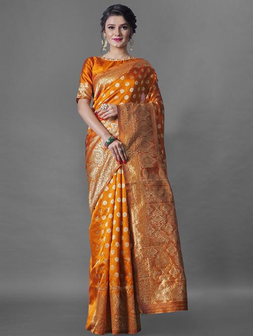 orange art silk banarasi saree with blouse - 19903136 - Very Small Image - 1