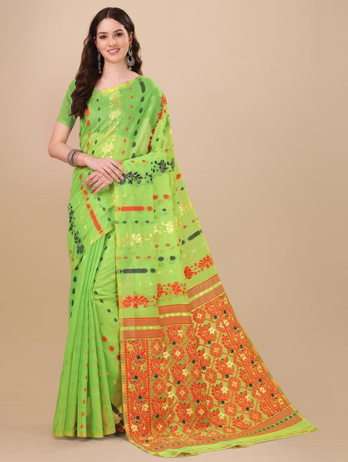 light green cotton blend jamdani saree - 19903137 - Very Small Image - 1