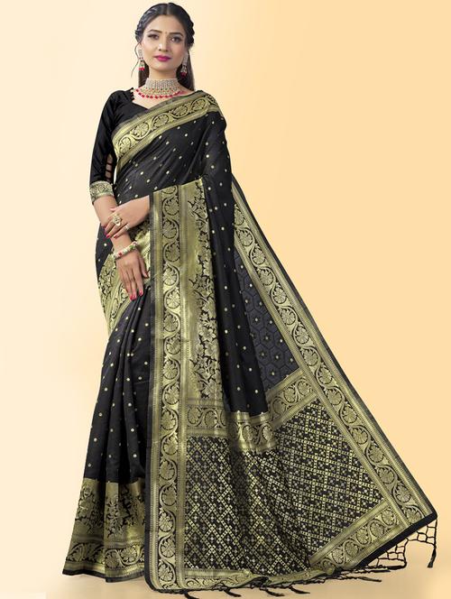 black silk blend banarasi saree with blouse - 19903148 - Very Small Image - 1