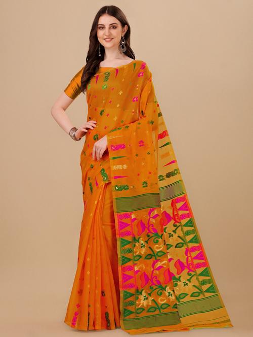 orange cotton blend jamdani saree - 19903158 - Very Small Image - 1