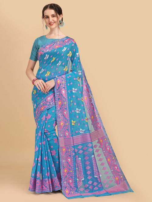 light blue cotton silk jamdani saree - 19903172 - Very Small Image - 1