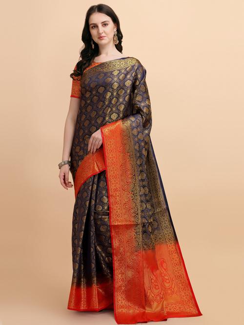 dark blue silk banarasi saree with blouse - 19903184 - Very Small Image - 1