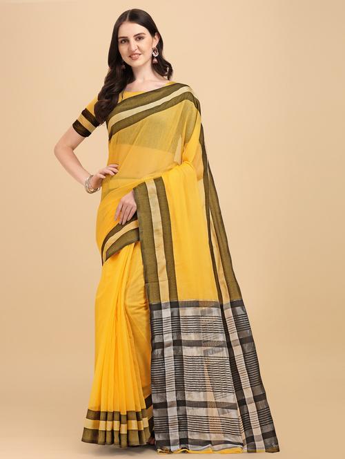 yellow striped banarasi saree with blouse - 19903248 - Very Small Image - 1