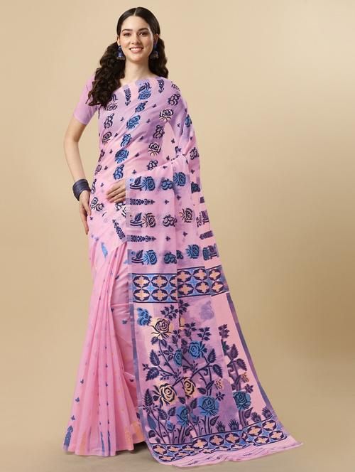 pink printed jamdani saree - 19903249 - Very Small Image - 1
