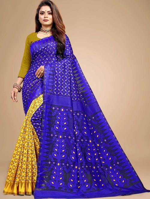 blue printed jamdani saree - 19903274 - Very Small Image - 1