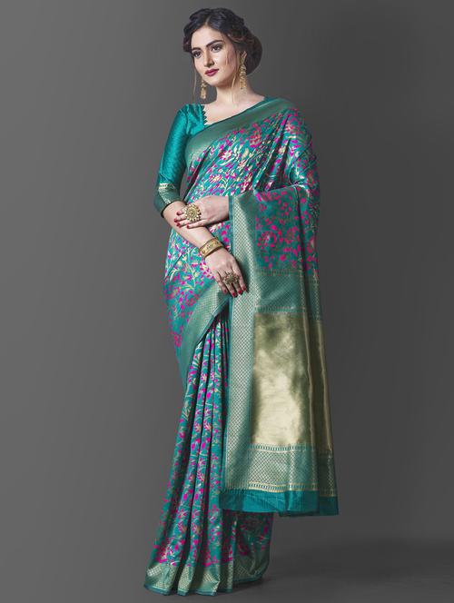 green art silk banarasi saree with blouse - 19903305 - Very Small Image - 1