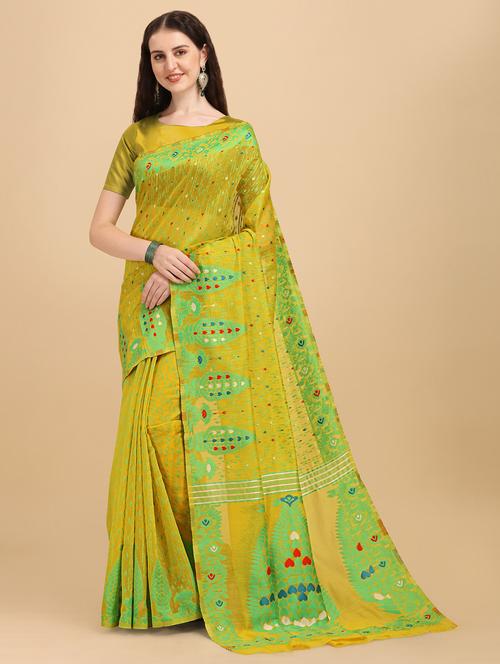 yellow printed jamdani saree - 19903307 - Very Small Image - 1