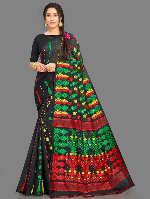 black printed jamdani saree - 19903309 - Very Small Image - 1