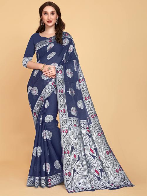 blue printed jamdani saree - 19903328 - Very Small Image - 1