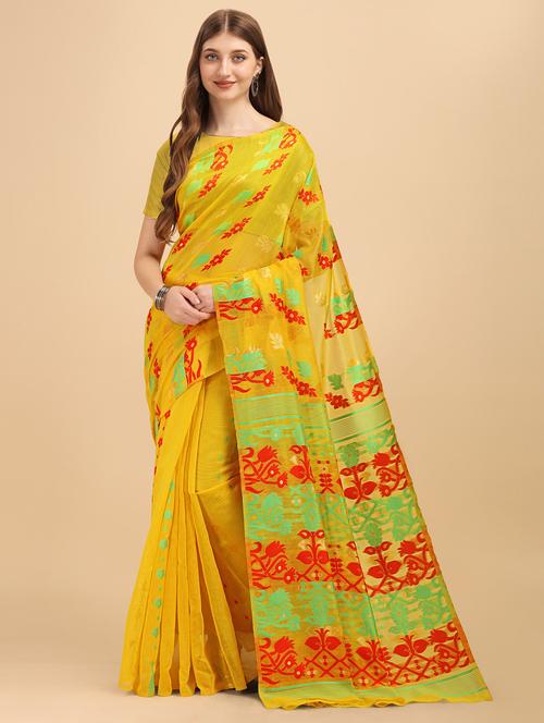 yellow printed jamdani saree - 19903343 - Very Small Image - 1