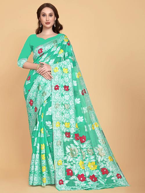 green printed jamdani saree - 19903344 - Very Small Image - 1