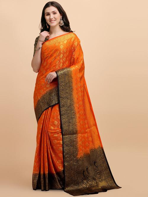 orange silk banarasi saree with blouse - 19903345 - Very Small Image - 1