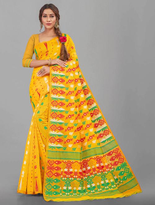 yellow printed jamdani saree - 19903349 - Very Small Image - 1