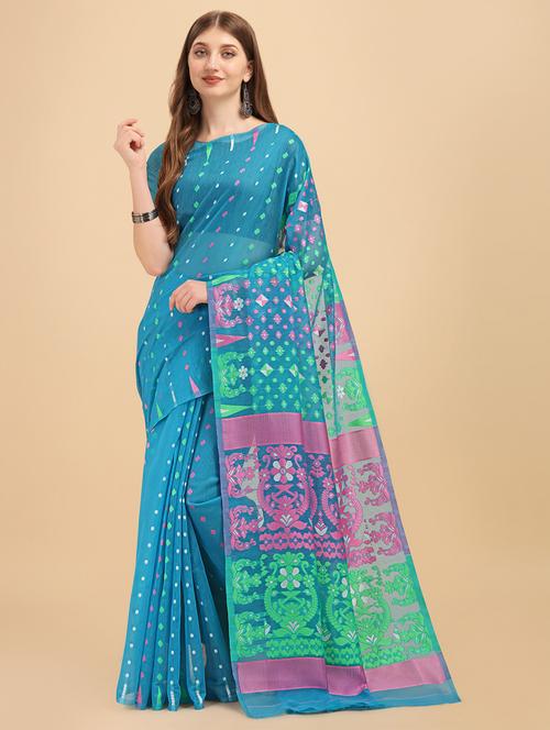 light blue printed jamdani saree - 19903351 - Very Small Image - 1