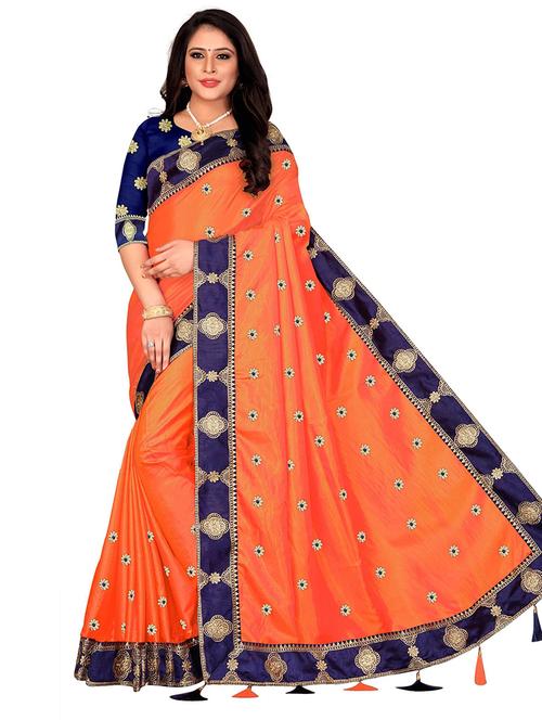 orange printed plain saree with blouse - 19903360 - Very Small Image - 1