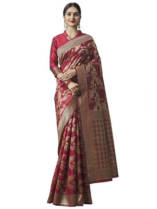 maroon printed banarasi saree with blouse - 19903390 - Very Small Image - 1