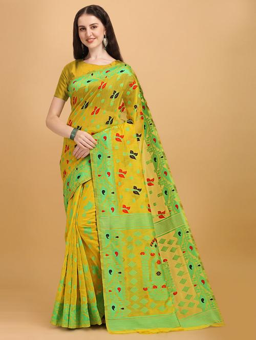 yellow printed jamdani saree - 19903397 - Very Small Image - 1