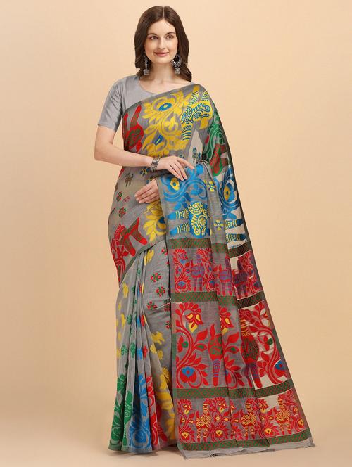 grey printed jamdani saree - 19903404 - Very Small Image - 1
