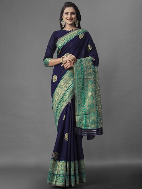 dark blue printed paithani saree with blouse - 19903406 - Very Small Image - 1