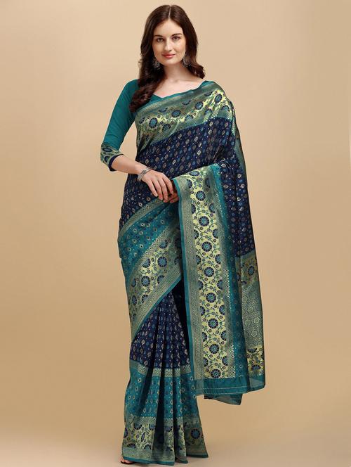 dark blue silk kanjivaram saree with blouse - 19903407 - Very Small Image - 1