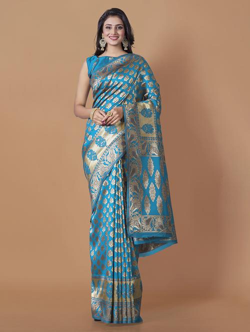 light blue banarasi saree with blouse - 19903409 - Very Small Image - 1