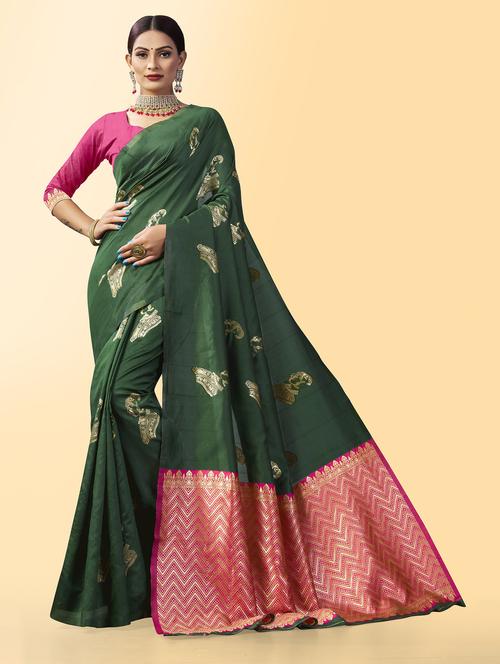 green printed kanjivaram saree with blouse - 19903433 - Very Small Image - 1