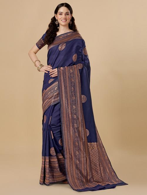 dark blue banarasi saree with blouse - 19903460 - Very Small Image - 1