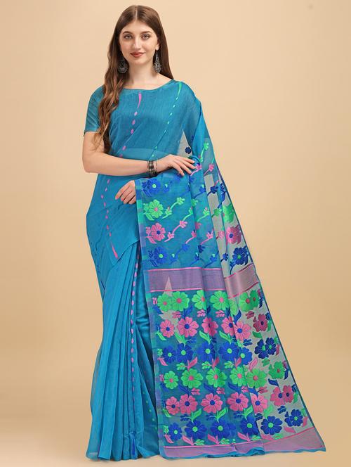 light blue printed jamdani saree - 19903472 - Very Small Image - 1