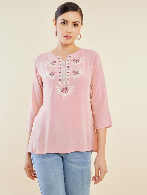pink self designed notch neck regular tunic - 19909259 - Very Small Image - 1