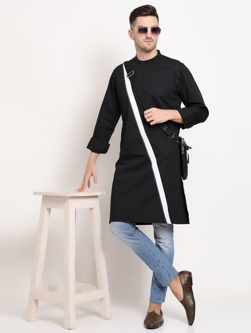 black solid cotton long kurta - 19909325 - Very Small Image - 1