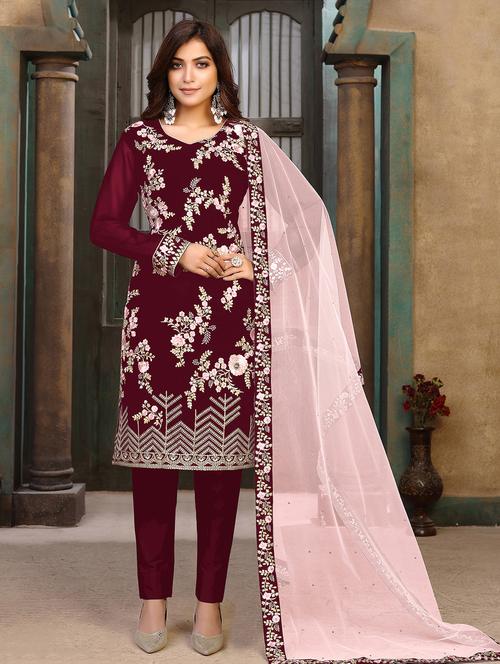 embroidered semi-stitched suit set - 19910873 - Very Small Image - 1