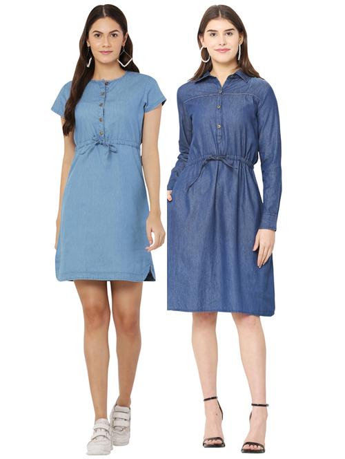 pack of 2 blue solid denim a-line dress - 19912428 - Very Small Image - 1