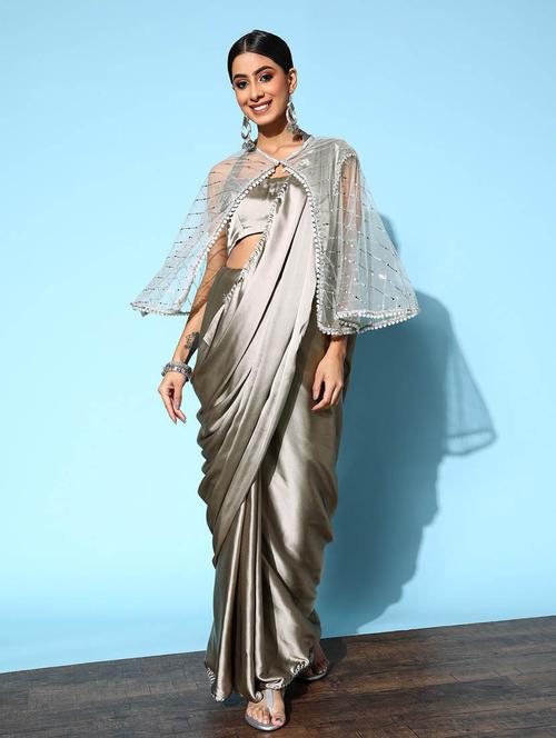 plain self designed gota patti saree with blouse - 19912955 - Very Small Image - 1