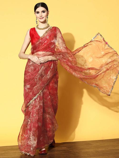 floral printed gota patti saree with blouse - 19912965 - Very Small Image - 1