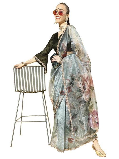floral printed gota patti saree with blouse - 19912972 - Very Small Image - 1