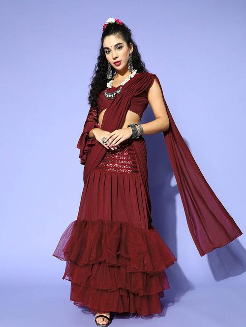 self designed sequin work ready to wear ruffle saree - 19912990 - Very Small Image - 1