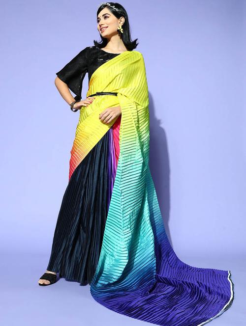 printed multi colored woven saree with blouse - 19913034 - Very Small Image - 1