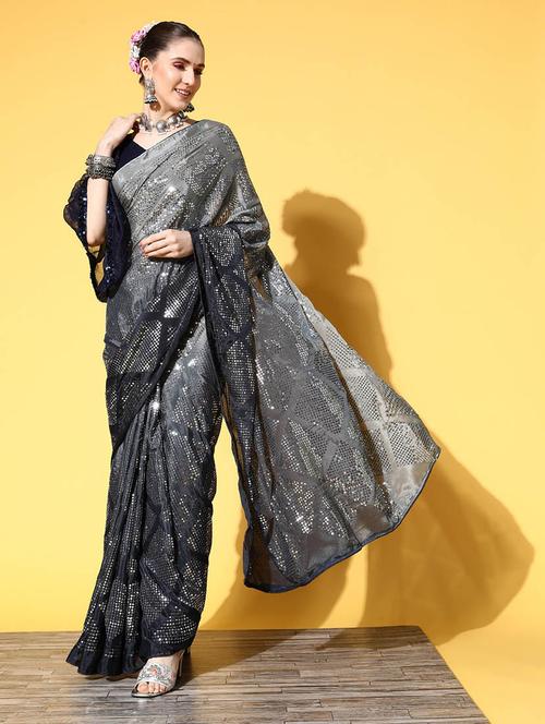 ombre grey sequin embroidered saree with blouse - 19913053 - Very Small Image - 1