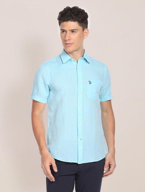 blue linen blend casual shirt - 19913520 - Very Small Image - 1