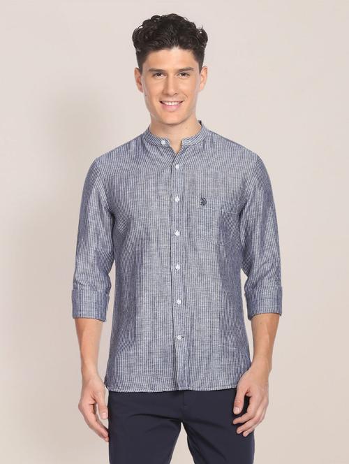 blue linen blend casual shirt - 19913560 - Very Small Image - 1