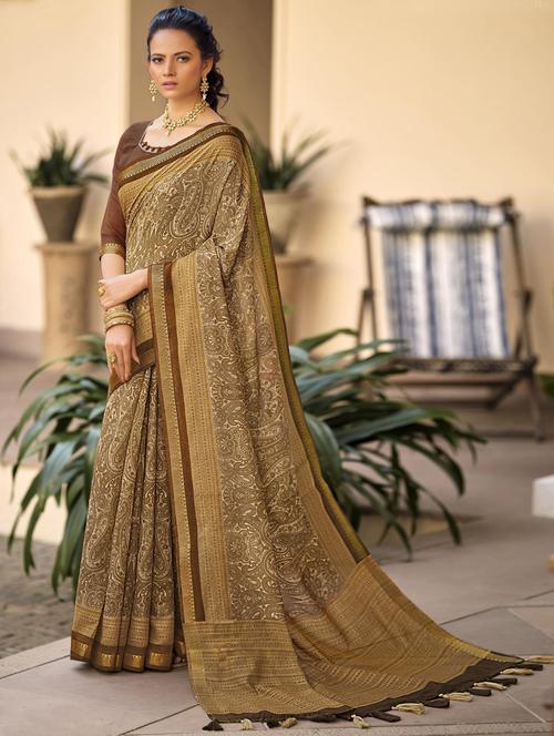 women's self design khaki colored saree with blouse - 19914347 - Very Small Image - 1