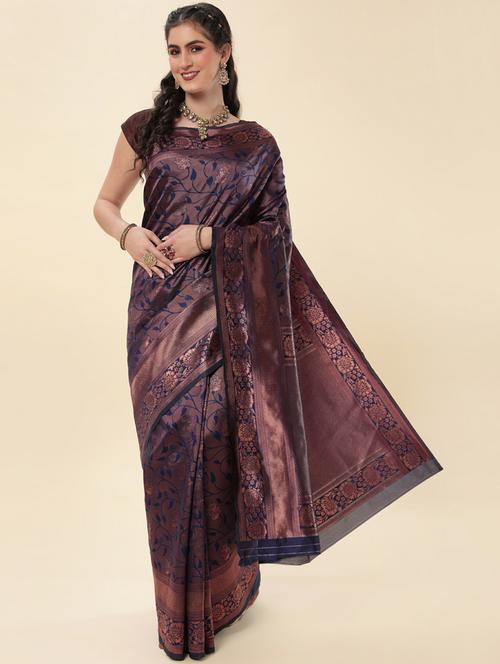 dark blue silk blend banarasi saree with blouse - 19914794 - Very Small Image - 1