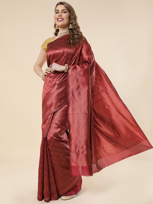 maroon banarasi saree - 19914831 - Very Small Image - 1